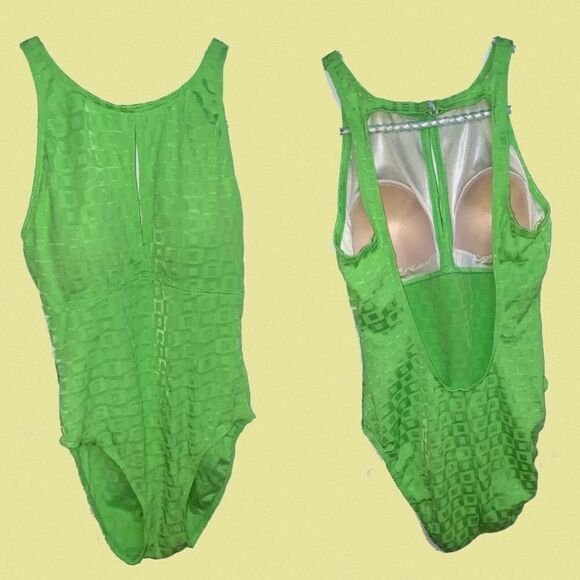 vintage one piece swim suit baltex green low back high cut 70s 80s 90s halter - Picture 2 of 9
